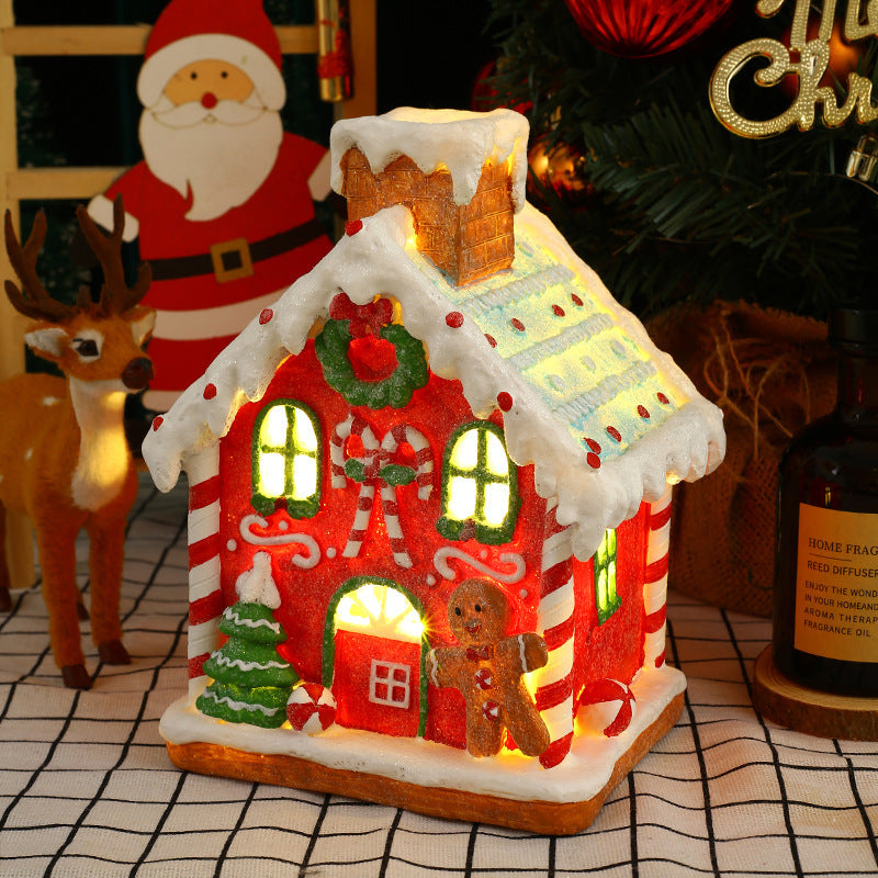 Decorative gingerbread house light with Christmas-themed background