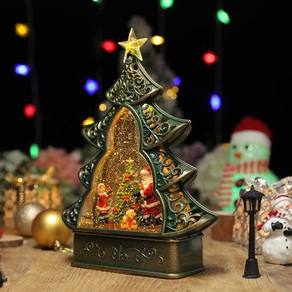 Decorative Christmas tree with Santa Claus and snowman figures inside, surrounded by festive lights and ornaments.